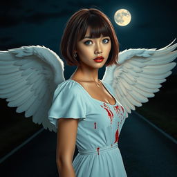 An enchanting cover image depicting a woman with short, Chanel-style brown hair with bangs, slightly tanned skin, and mesmerizing blue eyes