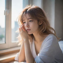 An anime-style girl who has just woken up. She has tousled hair and is rubbing her eyes sleepily, with light spilling through a window behind her and illuminating her room.