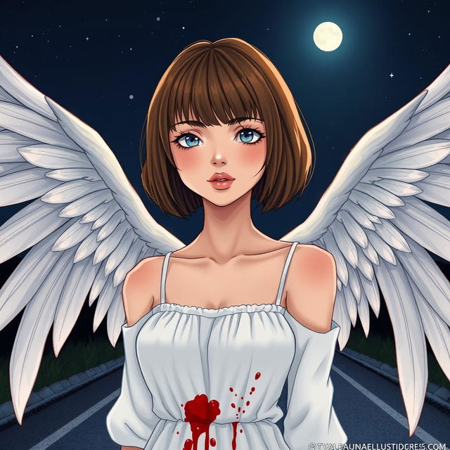 An illustrated cover image featuring a woman with short, Chanel-style brown hair with bangs, slightly tanned skin, and piercing blue eyes