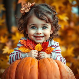 A close-up image of a cute, cheerful, beautiful girl of Slovenian appearance, sitting happily atop a large pumpkin