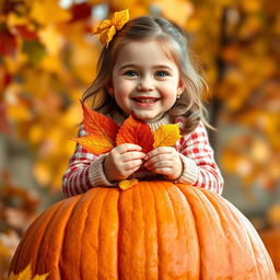 A close-up image of a cute, cheerful, beautiful girl of Slovenian appearance, sitting happily atop a large pumpkin