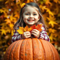 A close-up image of a cute, cheerful, beautiful girl of Slovenian appearance, sitting happily atop a large pumpkin