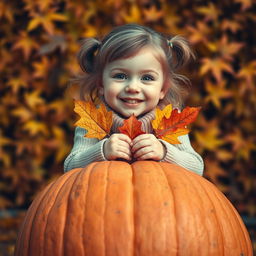 A close-up image of a cute, cheerful, beautiful girl of Slovenian appearance, sitting happily atop a large pumpkin