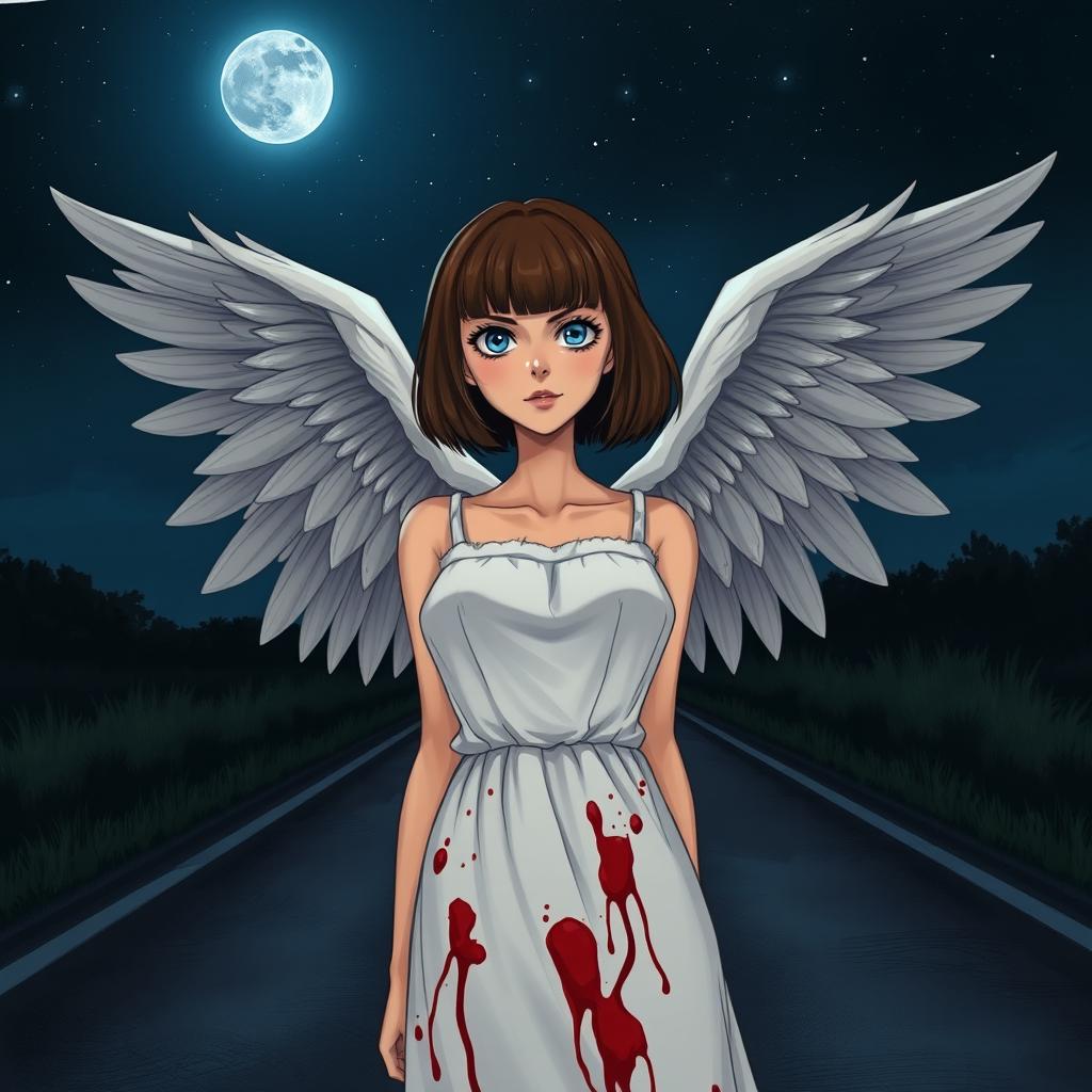 A slightly realistic illustrated cover image featuring a woman with short, Chanel-style brown hair with bangs, slightly tanned skin, and striking blue eyes