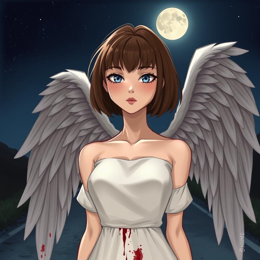 A slightly realistic illustrated cover image featuring a woman with short, Chanel-style brown hair with bangs, slightly tanned skin, and striking blue eyes