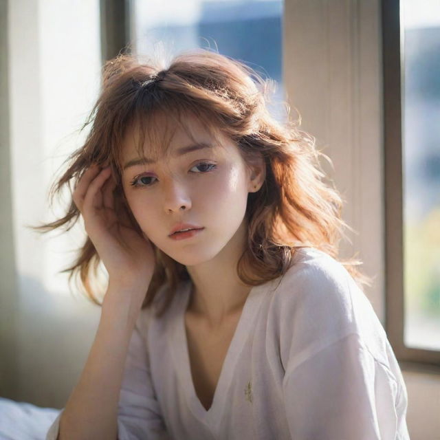 An anime-style girl who has just woken up. She has tousled hair and is rubbing her eyes sleepily, with light spilling through a window behind her and illuminating her room.