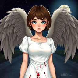 A slightly realistic illustrated cover image featuring a woman with short, Chanel-style brown hair with bangs, slightly tanned skin, and striking blue eyes