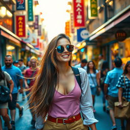 A vibrant and energetic scene of a beautiful young woman, dressed in a stylish modern outfit, walking through a lively urban street filled with colorful shops and bustling crowds