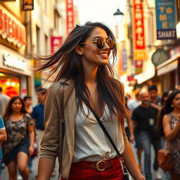 A vibrant and energetic scene of a beautiful young woman, dressed in a stylish modern outfit, walking through a lively urban street filled with colorful shops and bustling crowds