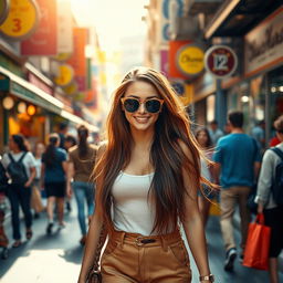 A vibrant and energetic scene of a beautiful young woman, dressed in a stylish modern outfit, walking through a lively urban street filled with colorful shops and bustling crowds