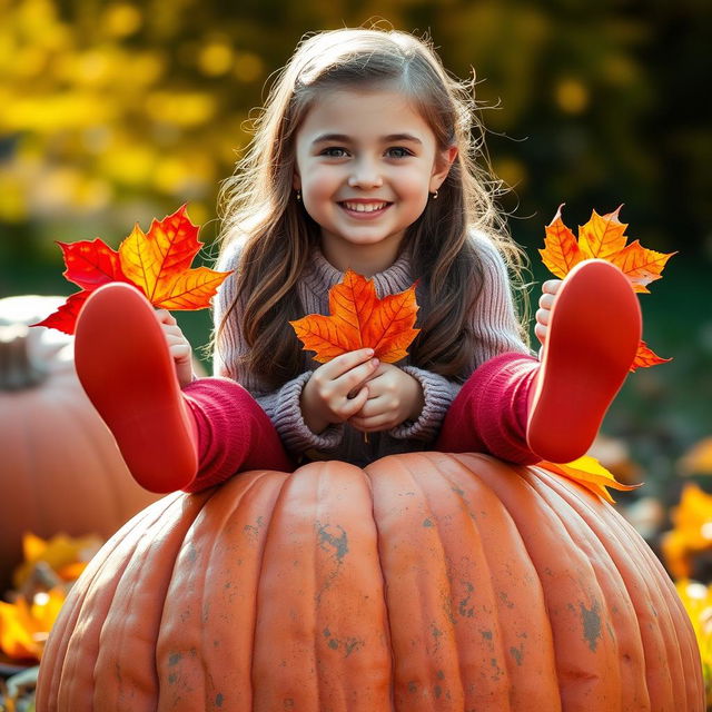 A sweet, cheerful, beautiful Ukrainian girl sitting atop a large pumpkin, with her legs dangling playfully