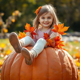 A sweet, cheerful, beautiful Ukrainian girl sitting atop a large pumpkin, with her legs dangling playfully