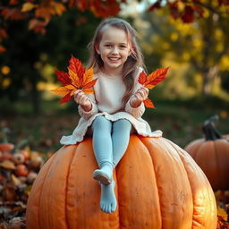 A sweet, cheerful, beautiful Ukrainian girl sitting atop a large pumpkin, with her legs dangling playfully