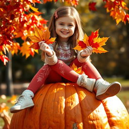 A sweet, cheerful, beautiful Ukrainian girl sitting atop a large pumpkin, with her legs dangling playfully