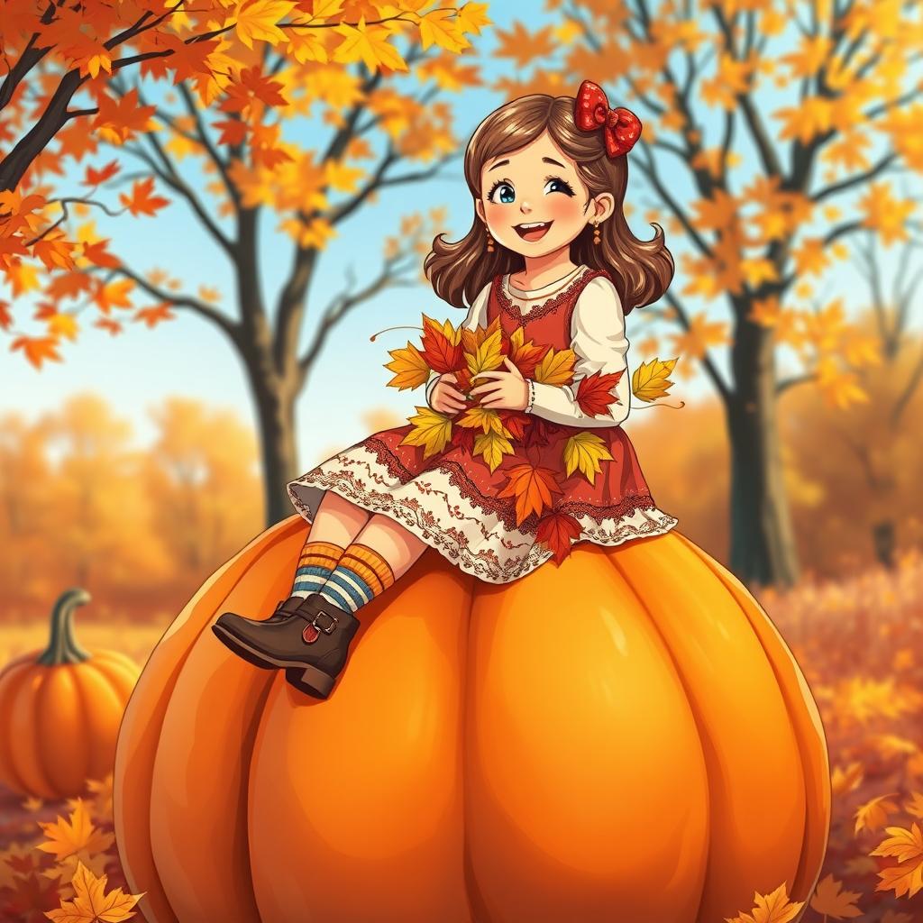 A sweet and cheerful beautiful Russian girl sitting on top of a large pumpkin, her legs dangling down