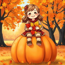 A sweet and cheerful beautiful Russian girl sitting on top of a large pumpkin, her legs dangling down