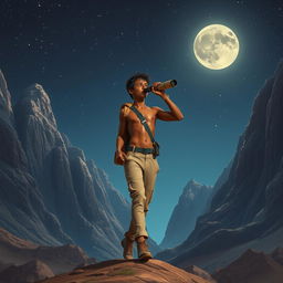 A tall young man with brown skin, possessing a thin athletic build, is portrayed walking confidently between majestic mountains in Egypt under a starlit sky