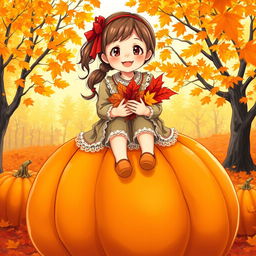 A sweet and cheerful beautiful Russian girl sitting on top of a large pumpkin, her legs dangling down