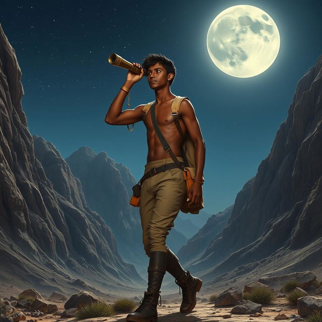 A tall young man with brown skin, possessing a thin athletic build, is portrayed walking confidently between majestic mountains in Egypt under a starlit sky