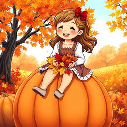 A sweet and cheerful beautiful Russian girl sitting on top of a large pumpkin, her legs dangling down