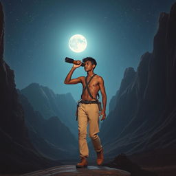 A tall young man with brown skin, possessing a thin athletic build, is portrayed walking confidently between majestic mountains in Egypt under a starlit sky