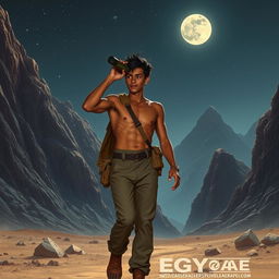 A tall young man with brown skin, possessing a thin athletic build, is portrayed walking confidently between majestic mountains in Egypt under a starlit sky