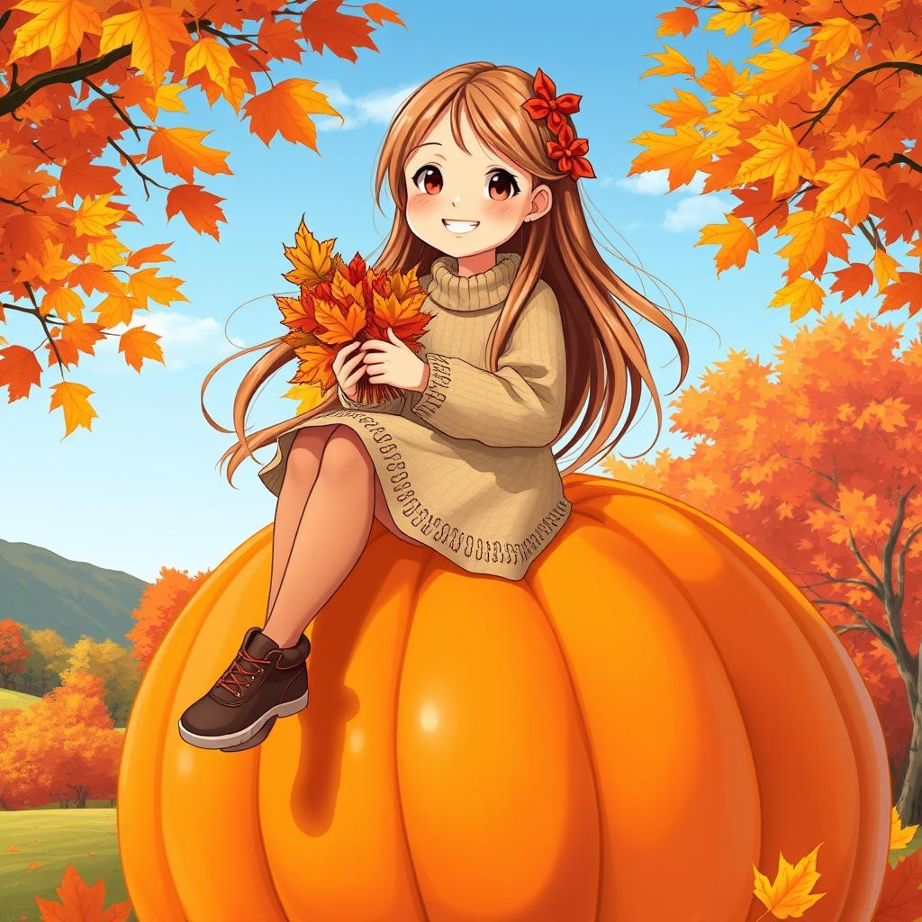 A sweet, cheerful, beautiful Russian girl with long flowing hair, wearing a cozy sweater and a flowing skirt, sits atop a large, vibrant pumpkin