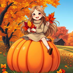 A sweet, cheerful, beautiful Russian girl with long flowing hair, wearing a cozy sweater and a flowing skirt, sits atop a large, vibrant pumpkin