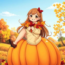 A sweet, cheerful, beautiful Russian girl with long flowing hair, wearing a cozy sweater and a flowing skirt, sits atop a large, vibrant pumpkin