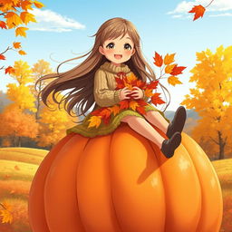 A sweet, cheerful, beautiful Russian girl with long flowing hair, wearing a cozy sweater and a flowing skirt, sits atop a large, vibrant pumpkin