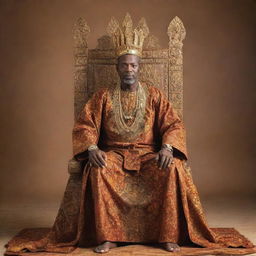 A majestic African king seated on his intricately carved throne, adorned with a vibrant traditional robe, gold jewelry, and an imposing crown signaling power and wisdom, backdrop set against the expansive African savanna.