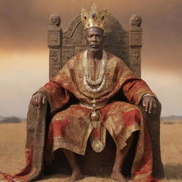 A majestic African king seated on his intricately carved throne, adorned with a vibrant traditional robe, gold jewelry, and an imposing crown signaling power and wisdom, backdrop set against the expansive African savanna.