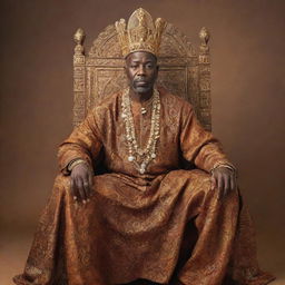 A majestic African king seated on his intricately carved throne, adorned with a vibrant traditional robe, gold jewelry, and an imposing crown signaling power and wisdom, backdrop set against the expansive African savanna.