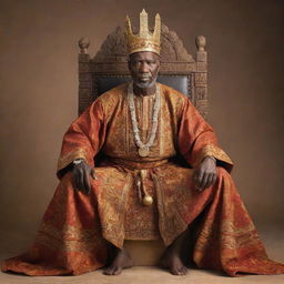 A majestic African king seated on his intricately carved throne, adorned with a vibrant traditional robe, gold jewelry, and an imposing crown signaling power and wisdom, backdrop set against the expansive African savanna.