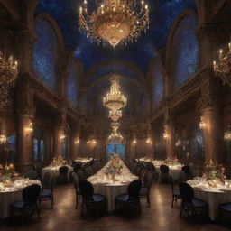 A grand party of fantasy mages, blooming with bright arcane energies, dazzling spells illuminating an opulent, moonlit banquet hall.