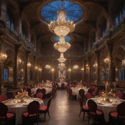 A grand party of fantasy mages, blooming with bright arcane energies, dazzling spells illuminating an opulent, moonlit banquet hall.