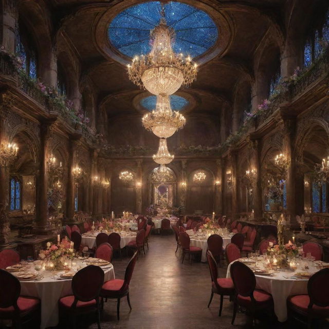 A grand party of fantasy mages, blooming with bright arcane energies, dazzling spells illuminating an opulent, moonlit banquet hall.