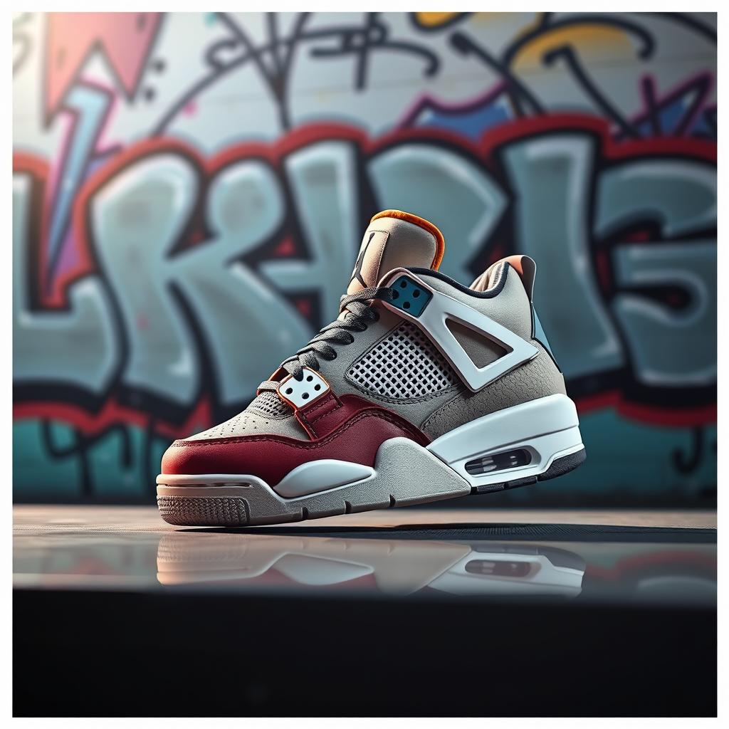 A stylish and detailed representation of the iconic Jordan Retro 4 sneakers in a vivid urban environment