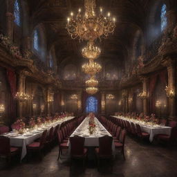 A grand party of fantasy mages, blooming with bright arcane energies, dazzling spells illuminating an opulent, moonlit banquet hall.