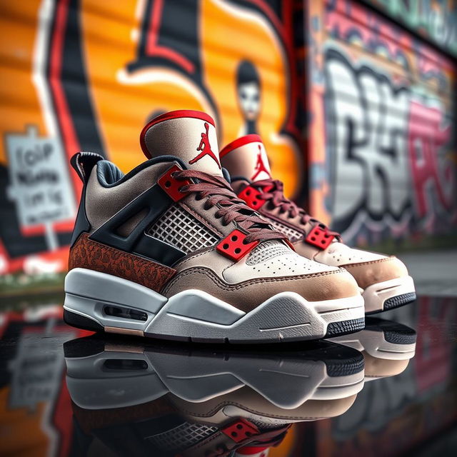 A stylish and detailed representation of the iconic Jordan Retro 4 sneakers in a vivid urban environment