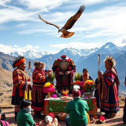 An intricate Andean traditional ceremony celebrating the symbols of the jaguar, condor, and serpent, set in a breathtaking mountain landscape