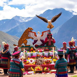 An intricate Andean traditional ceremony celebrating the symbols of the jaguar, condor, and serpent, set in a breathtaking mountain landscape