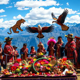 An intricate Andean traditional ceremony celebrating the symbols of the jaguar, condor, and serpent, set in a breathtaking mountain landscape