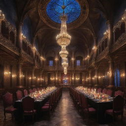 A grand party of fantasy mages, blooming with bright arcane energies, dazzling spells illuminating an opulent, moonlit banquet hall.