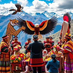 An intricate Andean traditional ceremony celebrating the symbols of the jaguar, condor, and serpent, set in a breathtaking mountain landscape