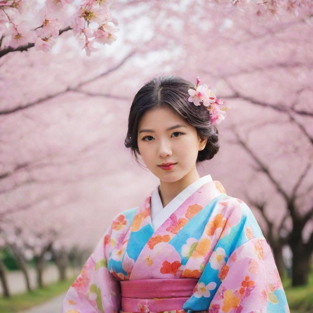 Traditional Japanese girl in a colorful kimono surrounded by cherry blossoms