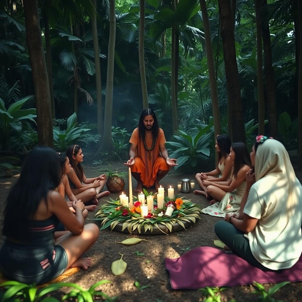 An introspective Ayahuasca ceremony held in a serene jungle setting, surrounded by lush green foliage and tall trees