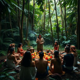 An introspective Ayahuasca ceremony held in a serene jungle setting, surrounded by lush green foliage and tall trees