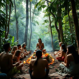 An introspective Ayahuasca ceremony held in a serene jungle setting, surrounded by lush green foliage and tall trees