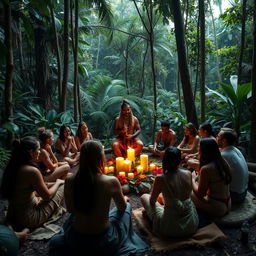 An introspective Ayahuasca ceremony held in a serene jungle setting, surrounded by lush green foliage and tall trees